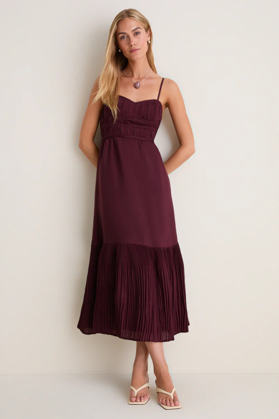 Moon River Wine Pleated Sleeveless Midi Dress